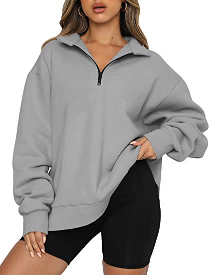 Damen Oversized Pullover mit kurzem Reißverschluss und lässigem Schnitt R&B