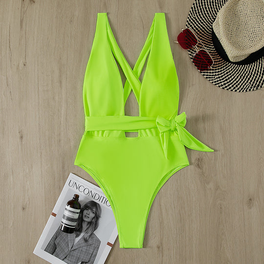 Damen Sportlicher Einteiler-Badeanzug mit Cross-Back und Bindegürtel R&B