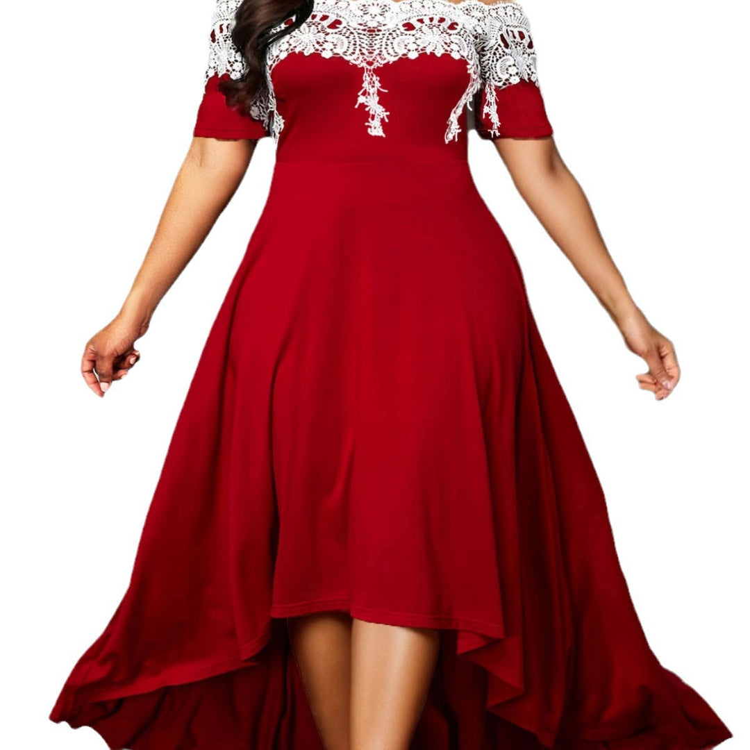 Damen elegantes Spitzen-Halbarm-Kleid mit asymmetrischem Saum R&B