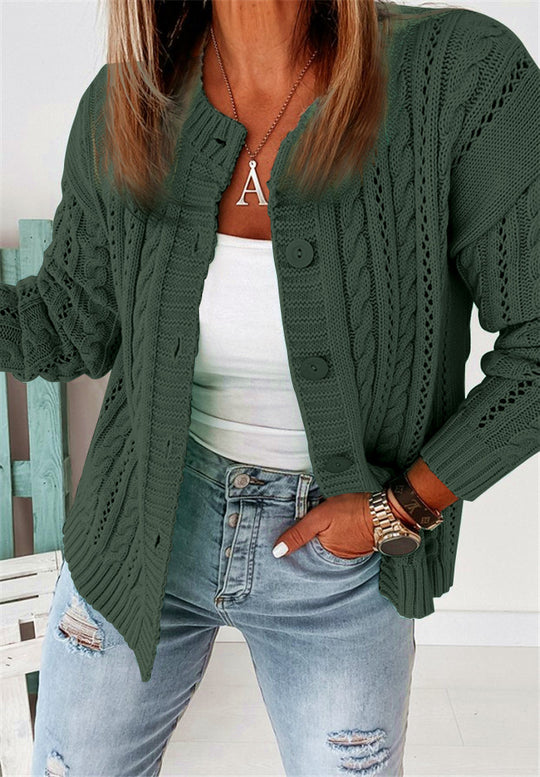 Damen modische Strickjacke mit Zopfdesign und großen Knöpfen R&B