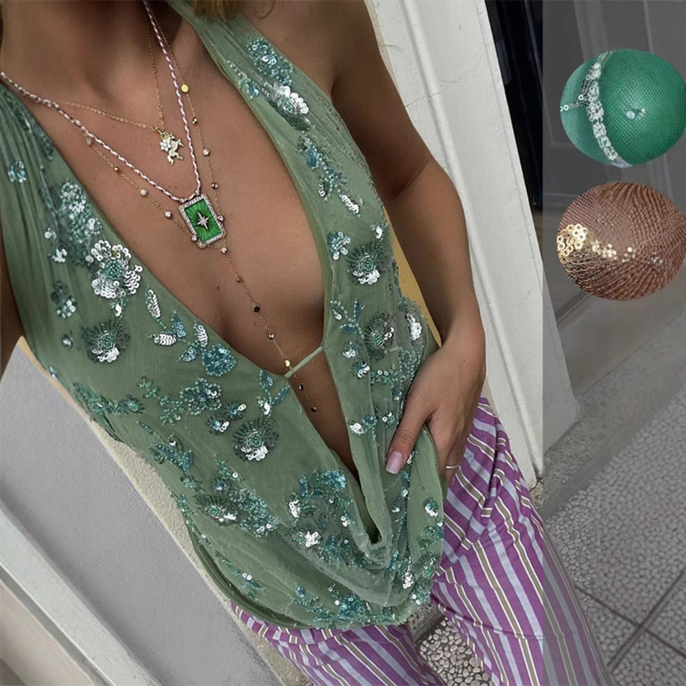 Damen Glamouröses Sequined Minikleid mit tiefem V-Ausschnitt und schwingendem Saum R&B