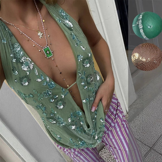 Damen Glamouröses Sequined Minikleid mit tiefem V-Ausschnitt und schwingendem Saum R&B