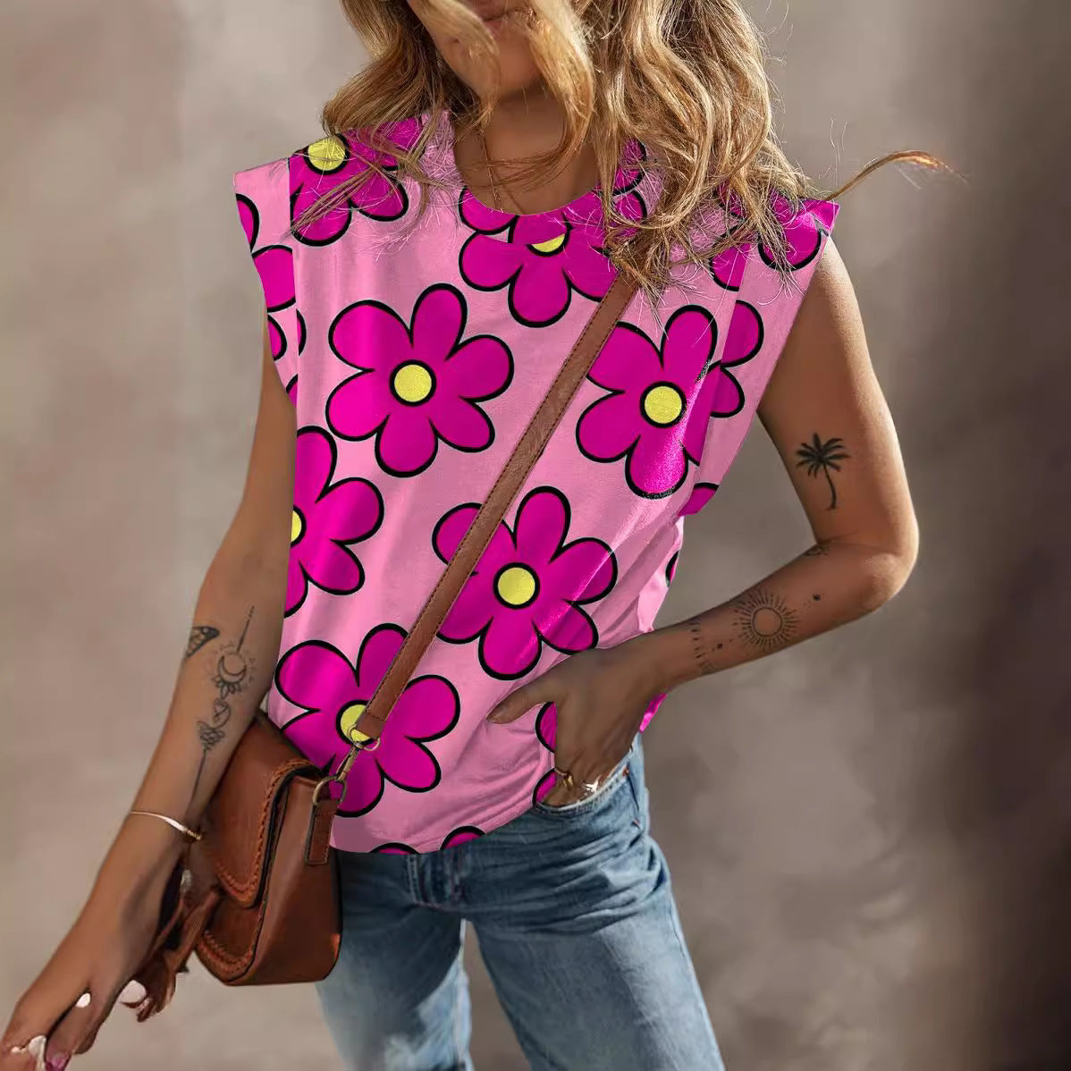 Damen lässiges T-Shirt mit lR&Bhaftem Blumenmuster und voluminösen Ärmeln R&B