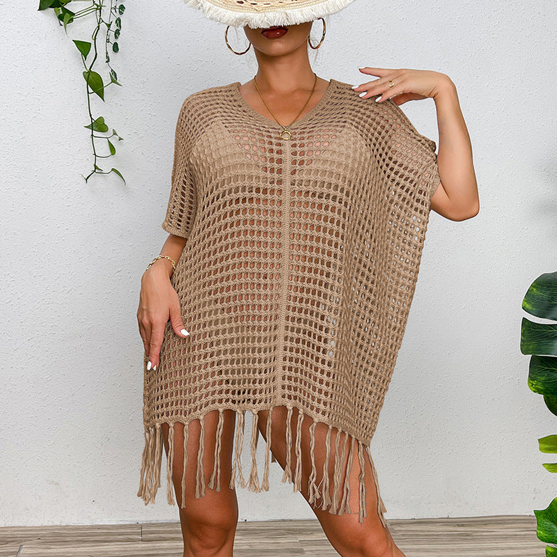 Damen Häkel-Strandtunika mit Fransen und transparentem Design R&B