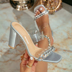 Damen transparente Slingback-Sandalen mit elegantem Blockabsatz und Metallkettendetail R&B