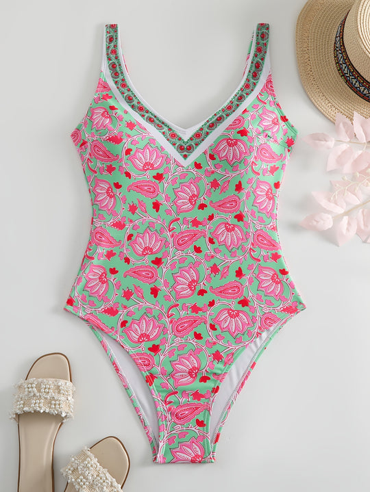 Damen Einteiliger Badeanzug mit floralem Design und modischen Trägern R&B