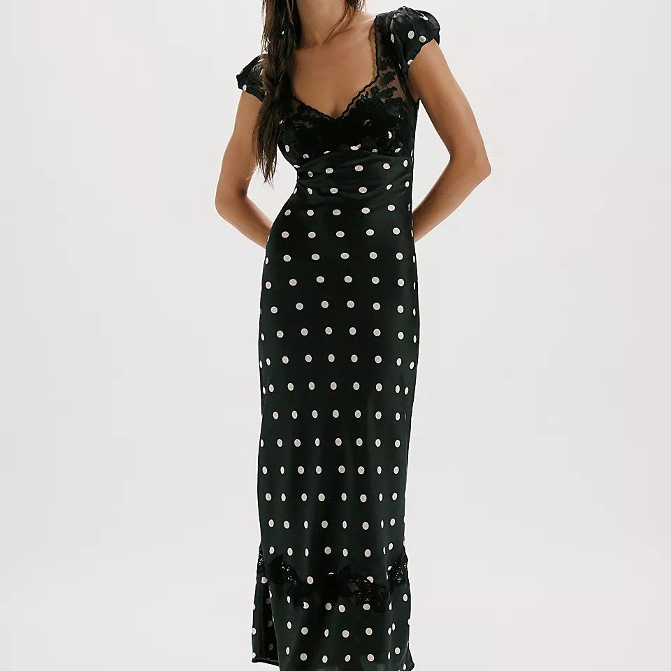 Damen Elegantes Maxikleid mit Polka-Dots und romantischem Rückenausschnitt R&B