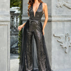 Damen Funkelnder Pailletten-Jumpsuit mit transparentem Überrock R&B
