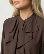 Elegante Damen Bluse mit Rüschenkragen Französischer Stil Braun Langarm
