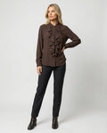 Elegante Damen Bluse mit Rüschenkragen Französischer Stil Braun Langarm