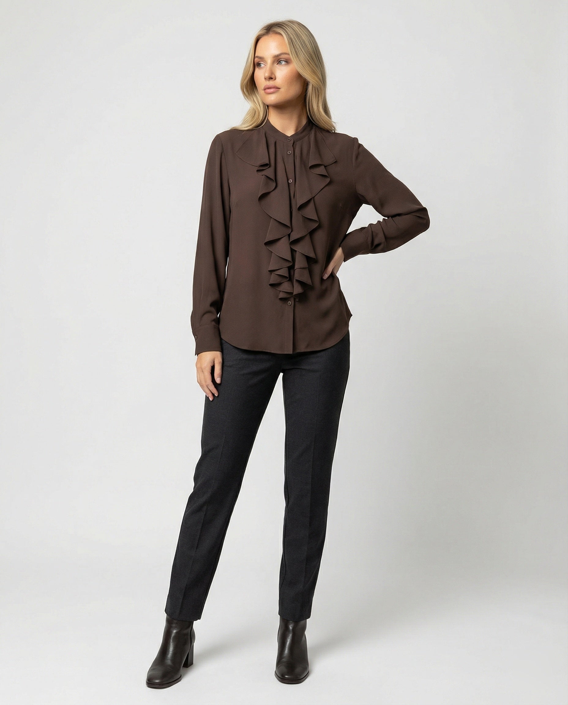 Elegante Damen Bluse mit Rüschenkragen Französischer Stil Braun Langarm