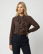 Elegante Damen Bluse mit Rüschenkragen Französischer Stil Braun Langarm