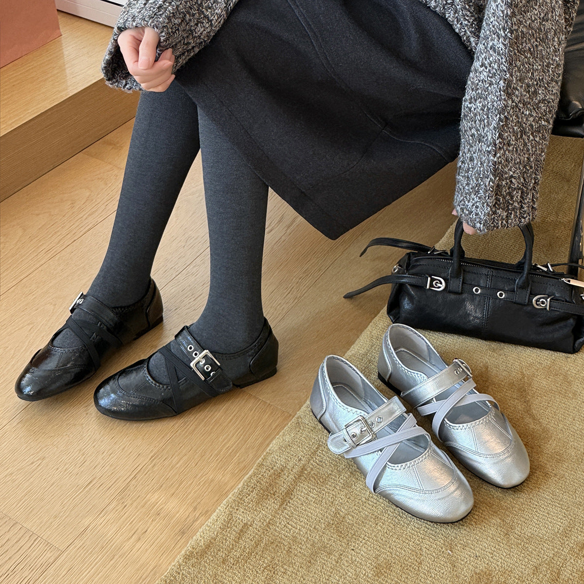 Damen Bequeme Ballerinas mit verstellbarem Riemchen und modischem Metallic-Finish R&B