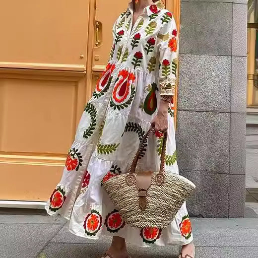 Damen Langarm-Teilkaro Kleid mit floralen Stickereien R&B