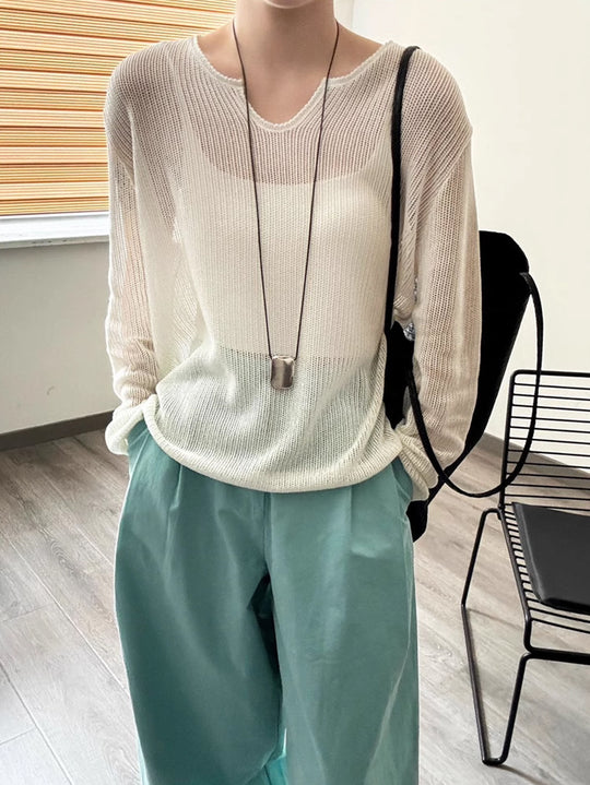 Damen luftiger Strickpullover mit V-Ausschnitt und lässigem Schnitt R&B