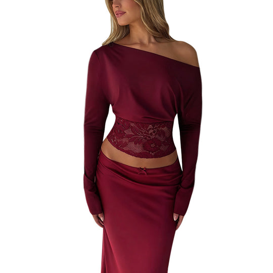 Damen elegantes Crop-Top mit Spitzenbesatz und langen Ärmeln R&B