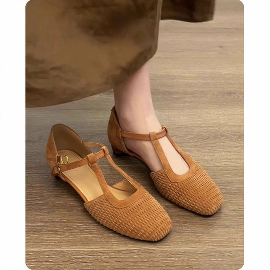 Damen Halbschuhe mit eleganter T-Strap und geflochtenem Design R&B