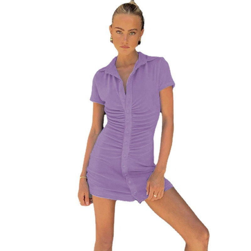 Damen figurbetontes Kurzarm-Kleid mit vertikalem Raffungseffekt und modischen Knopfdetails R&B