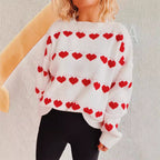 Damen gemütlicher Herzmuster-Strickpullover mit weiten Ärmeln R&B