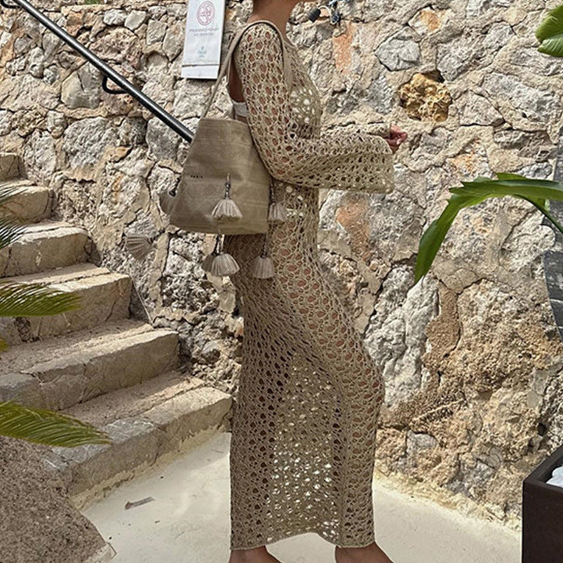 Damen Häkel-Strandkleid mit weiten Ärmeln und modernem Netzdesign R&B