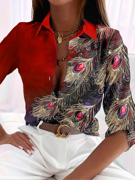 Damen Elegantes Hemd mit Pfauenmuster und modernen Akzenten R&B
