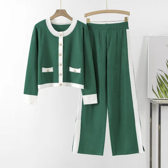 Damen Strick-Loungewear-Set mit dekorativen Knöpfen und seitlichem Schlitz R&B