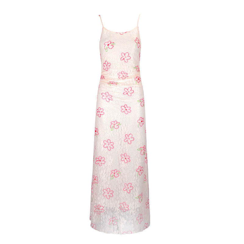 Damen Maxikleid mit floralem Spitzenmuster und verstellbaren Trägern R&B