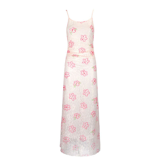 Damen Maxikleid mit floralem Spitzenmuster und verstellbaren Trägern R&B