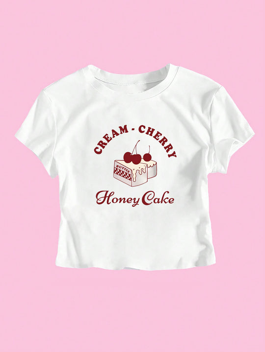 Damen Crop-T-Shirt mit kreativem Dessert-Motiv und modernem Schnitt R&B