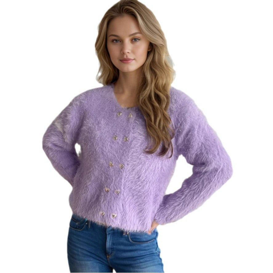 Damen flauschige Strickjacke mit herzförmigen Knöpfen und lockerer Passform R&B