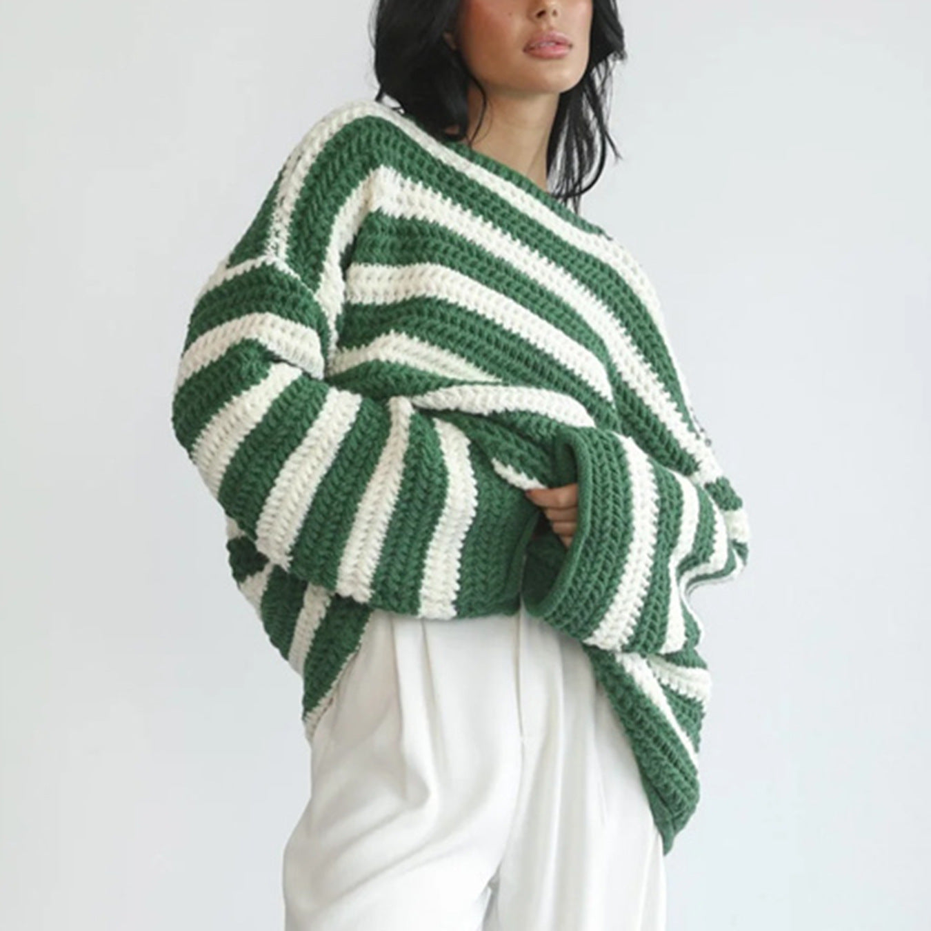 Damen Grobstrickpullover mit modischem Streifenmuster und lässigem Schnitt R&B