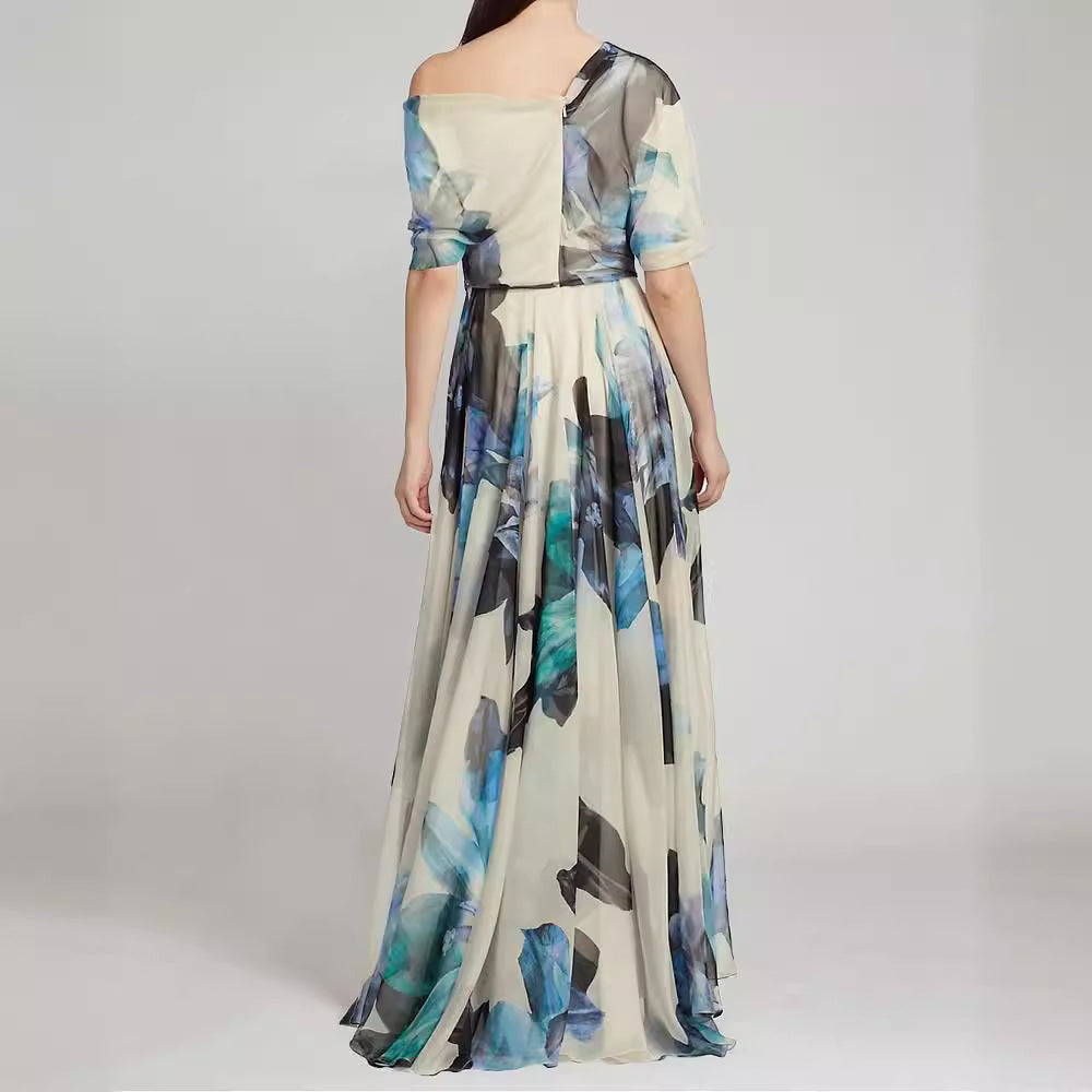 Damen elegantes Chiffon-Kleid mit schulterfreiem Design und floralem Muster EB