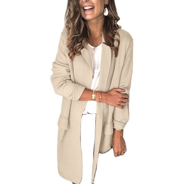 Damen stylische lange Jacke mit klassischem Revers R&B