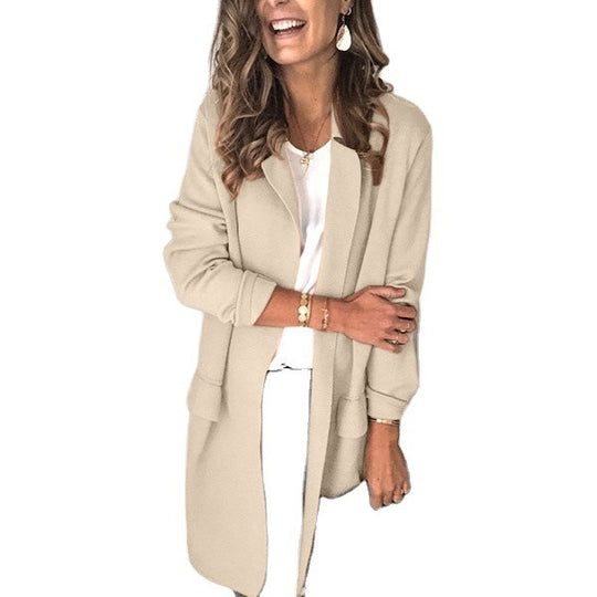 Damen stylische lange Jacke mit klassischem Revers R&B