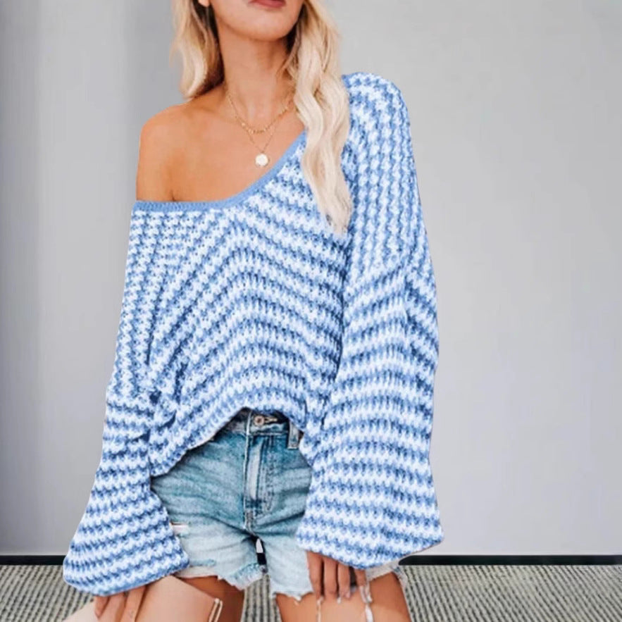 Damen Oversized Strickpullover mit off-Shoulder Design und modischem Rippenmuster R&B