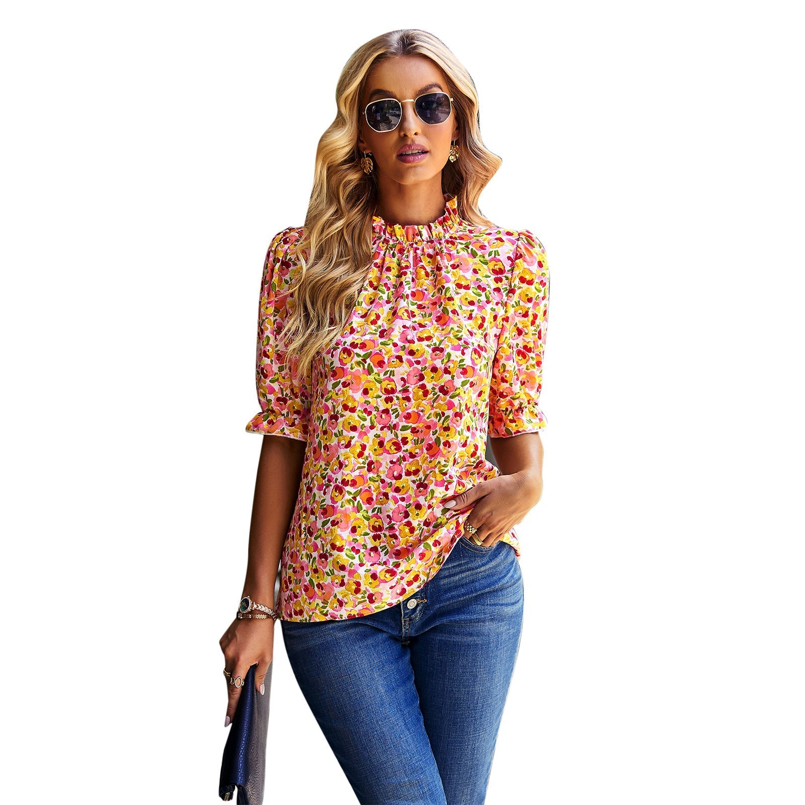 Damen Bluse mit Verspieltem Blumendesign und Puffärmeln R&B