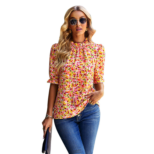 Damen Bluse mit floralem Muster und modernen Puffärmeln R&B