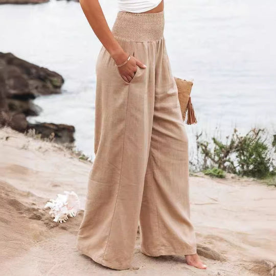 Damen Weite Leinenhose mit elastischem Bund und Falten R&B