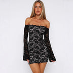 Damen Spitzenkleid mit schulterfreiem Design und langem Arm R&B