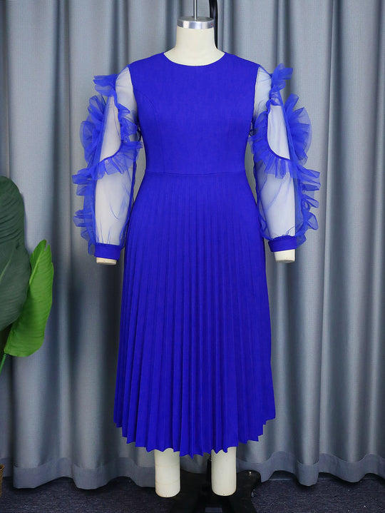 Damen plissiertes Kleid mit voluminösen Tüllärmeln R&B