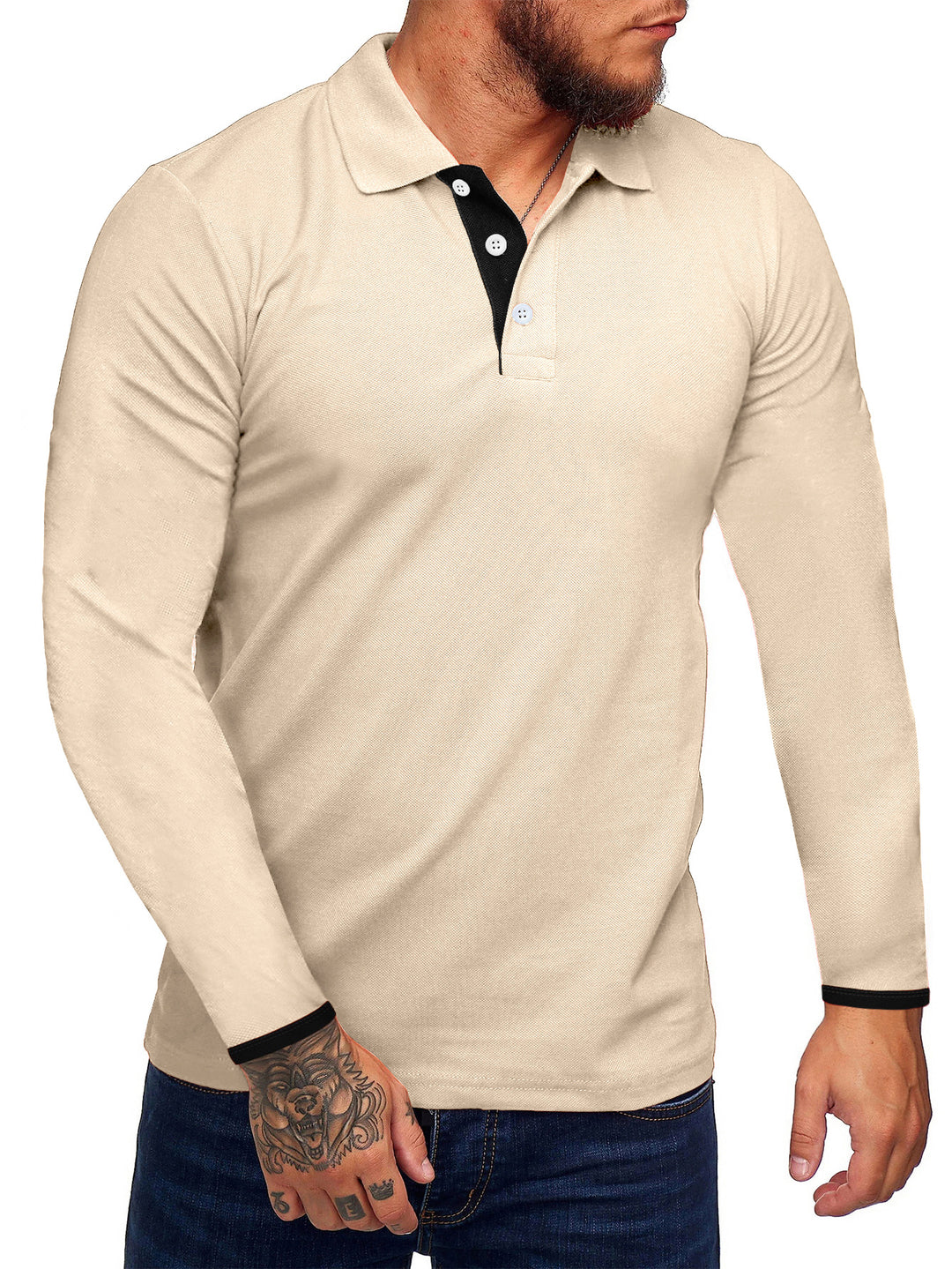 Herren Langarm-Polohemd mit kontrastierenden Knopfdetails R&B