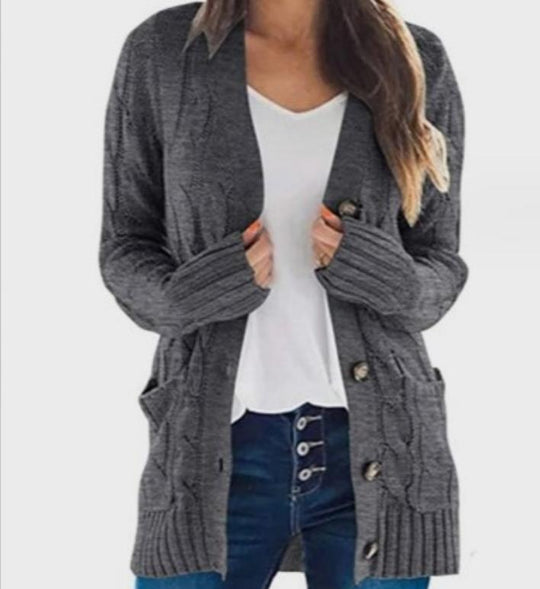 Damen Strickjacke mit Kabelmustern und großen Knöpfen R&B