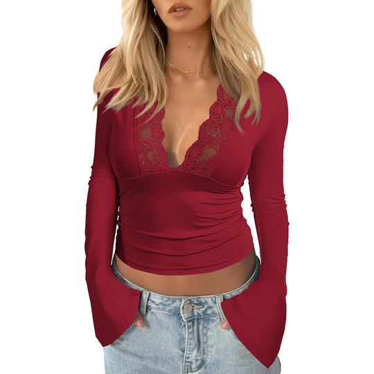 Damen Wickeloberteil mit Spitze und weitem Ärmel R&B