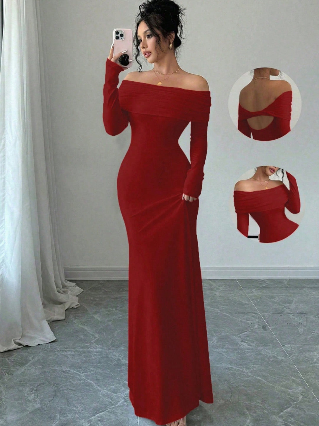 Damen Elegantes und figurbetontes Off-Shoulder Maxikleid mit langen Ärmeln R&B