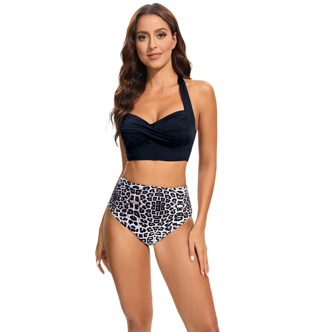 Damen Hochtailliertes Bikini-Set mit gepolstertem Top und Leopardendesign R&B
