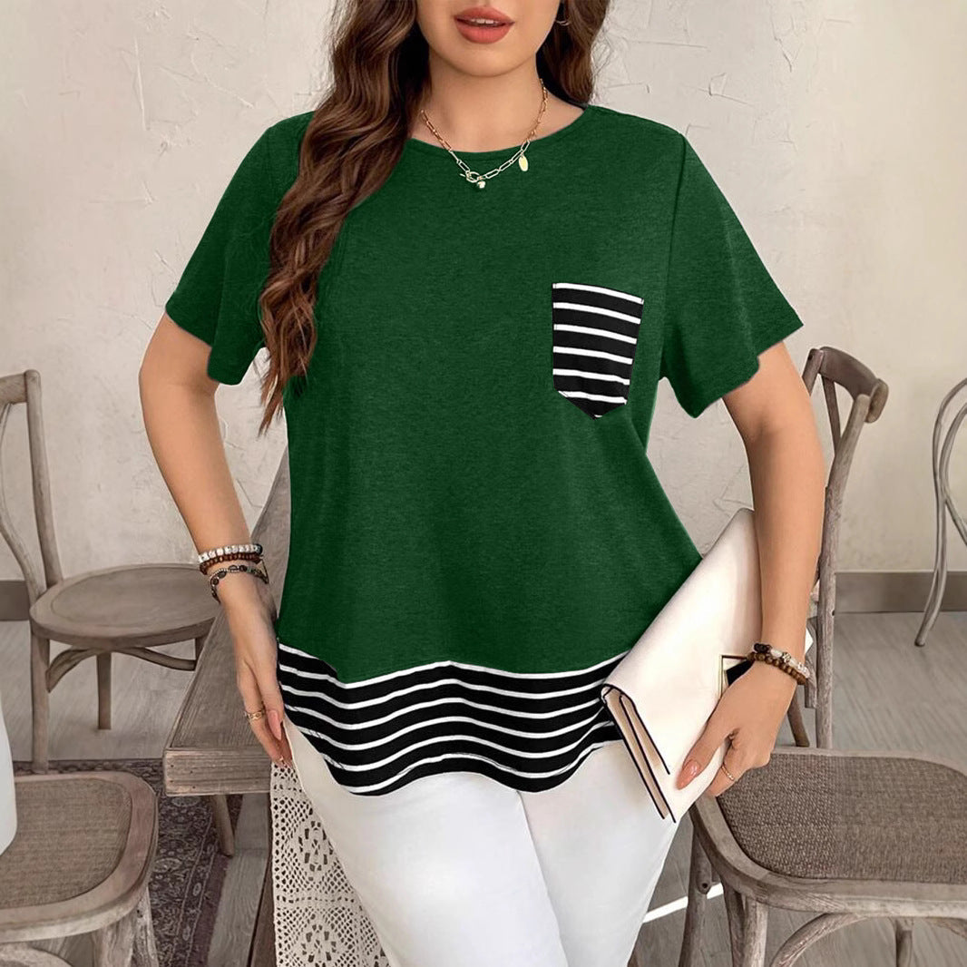 Damen Legeres T-Shirt mit gestreiftem Saum und Brusttasche R&B