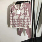 Damen modisches Strick-Loungewear-Set mit auffälligem Hahnentrittmuster R&B