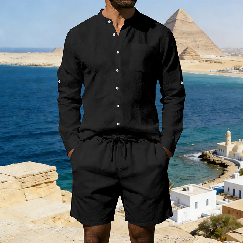 Herren nan sommerliches Leinen-Set mit Stehkragenhemd und Kordelzug-Kurzhose R&B