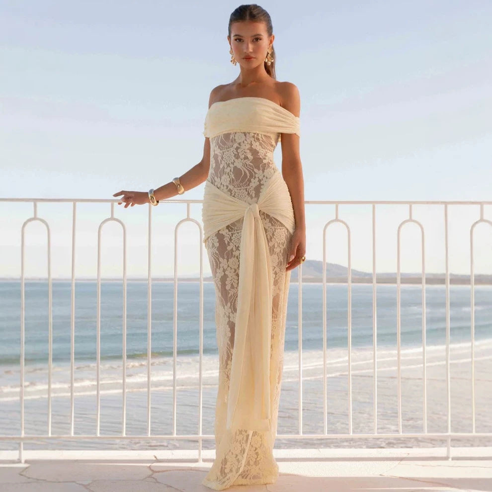 Damen Elegant drapiertes Spitzenkleid mit off-shoulder Design R&B
