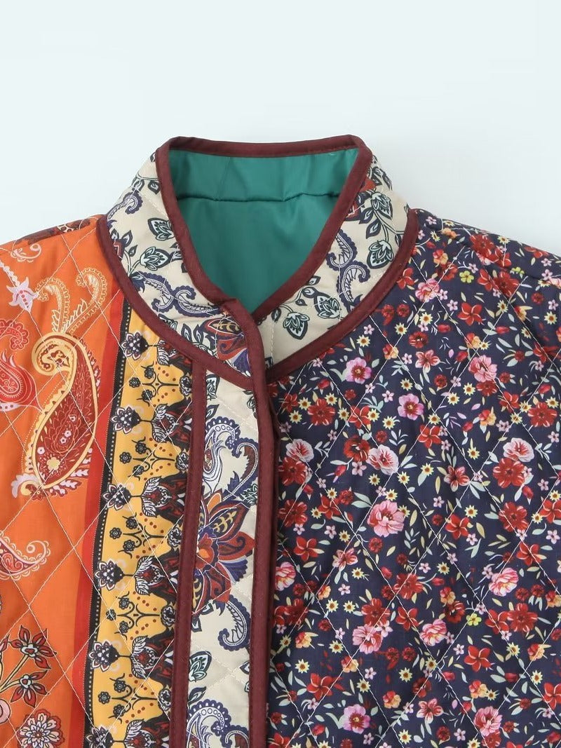 Damen gesteppte Patchworkjacke mit floralem Design und praktischen Taschen R&B